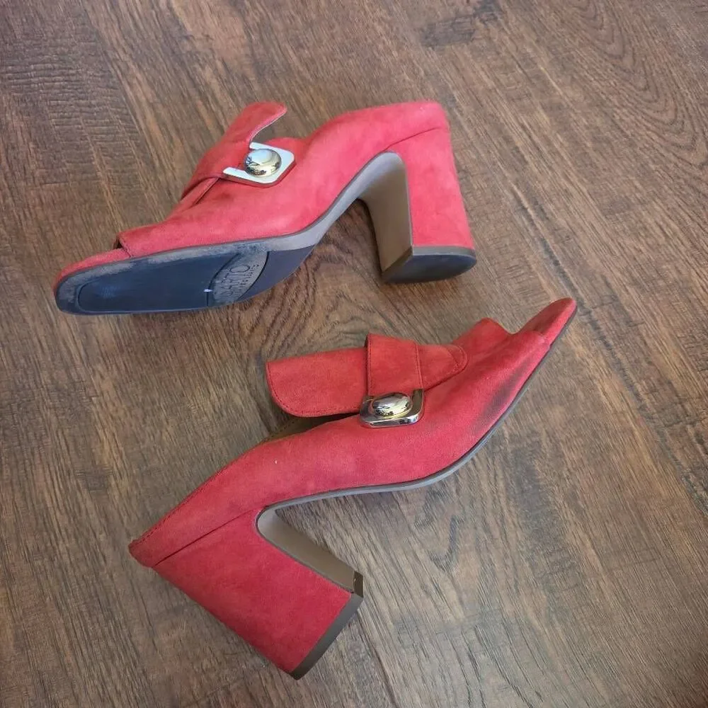 Franco Sarto Rosalie Mule Pumps Red Suede Block Heel